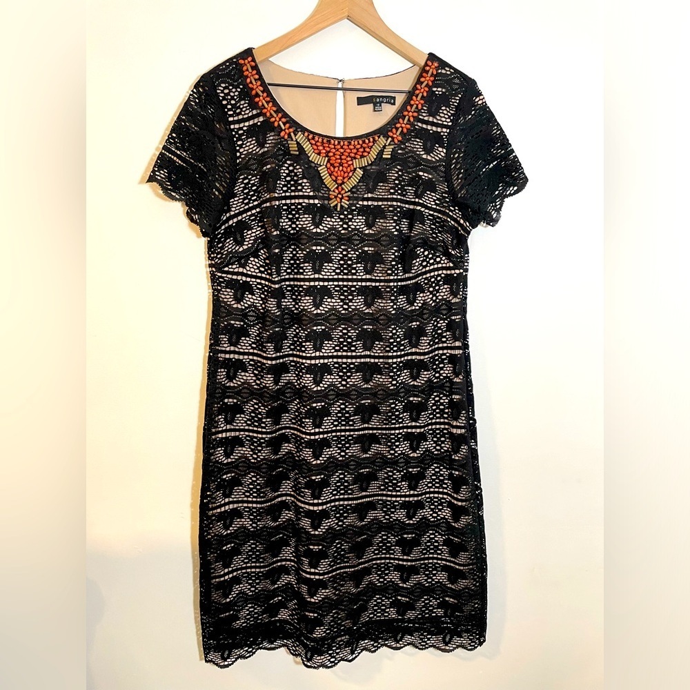 Sangría Black /Beige Lace Dress With Beaded Details & Orange Accents Size 12 EUC